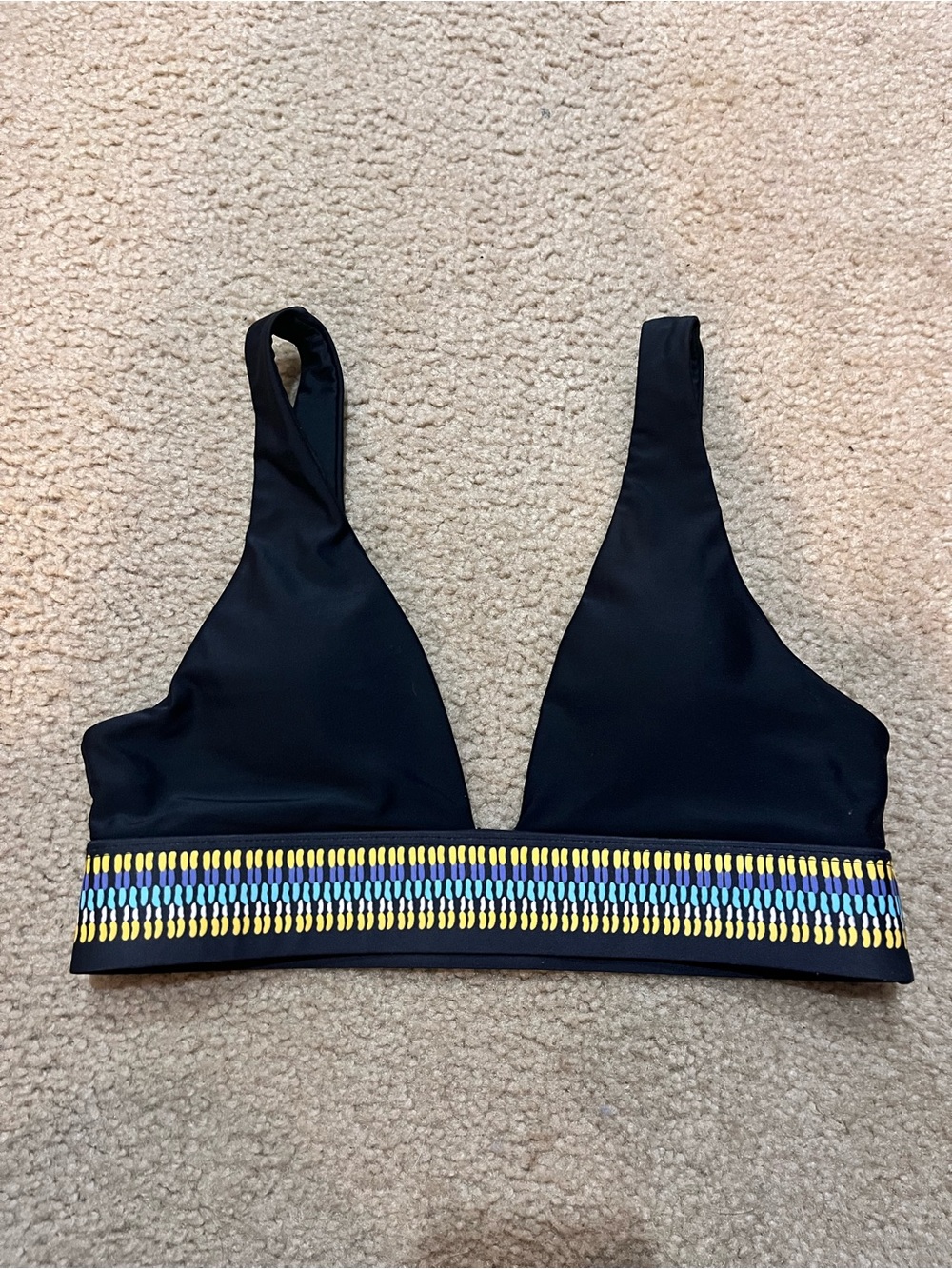 Black Bikini Top with Yellow & Blue geometric pattern low neck Band small